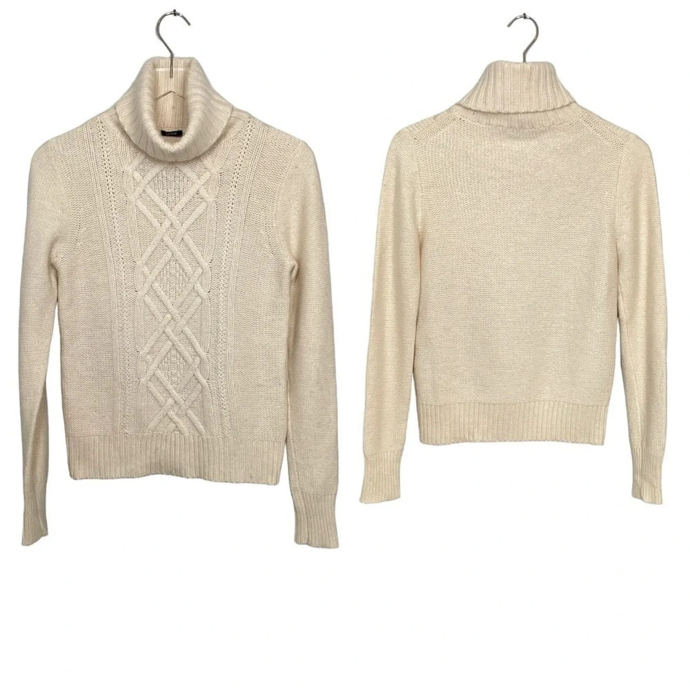 J. Crew Cream/Ivory “Cambridge” Cable Knit Turtleneck Sweater Wool Blend S-M